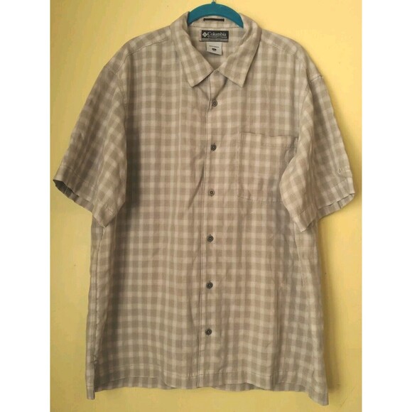 Nice COLUMBIA XCO Mens Plaid Short Sleeve Button Khaki Tan Cotton Shirt Sz L - Picture 1 of 11